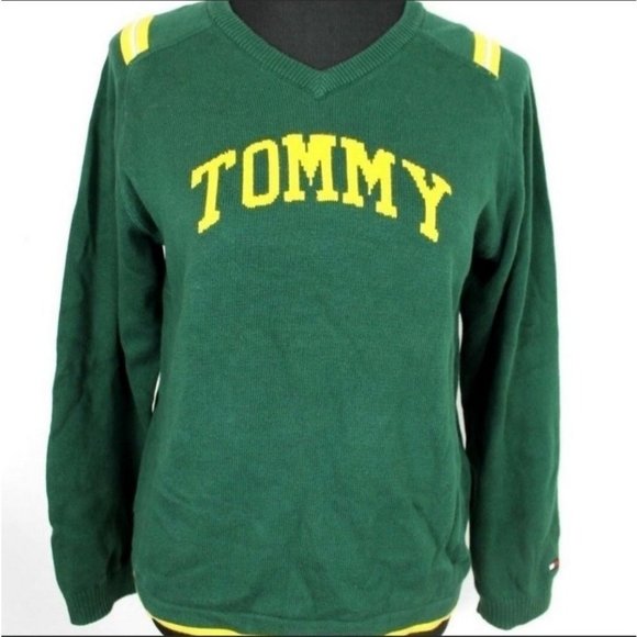 Vintage Tommy Hilfiger Green Sweater size M Men Spellout Logo V Neck - Picture 1 of 6